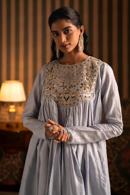 Buy_Aavya_Sky Blue Silk, Shantoon, Organza Embroidery, Zari Floral Anarkali Pant Set 