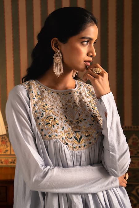 Shop_Aavya_Sky Blue Silk, Shantoon, Organza Embroidery, Zari Floral Anarkali Pant Set 