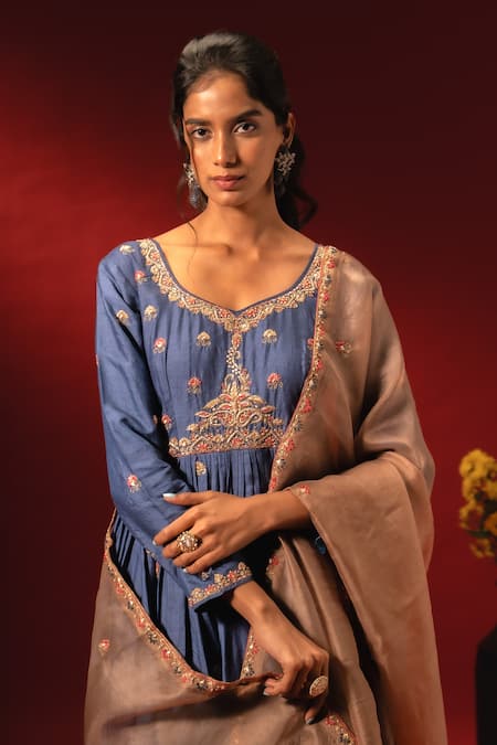 Shop_Aavya_Blue Silk, Shantoon, Organza Embroidery, Metallic Thread V-neck Anarkali Set _Online_at_Aza_Fashions