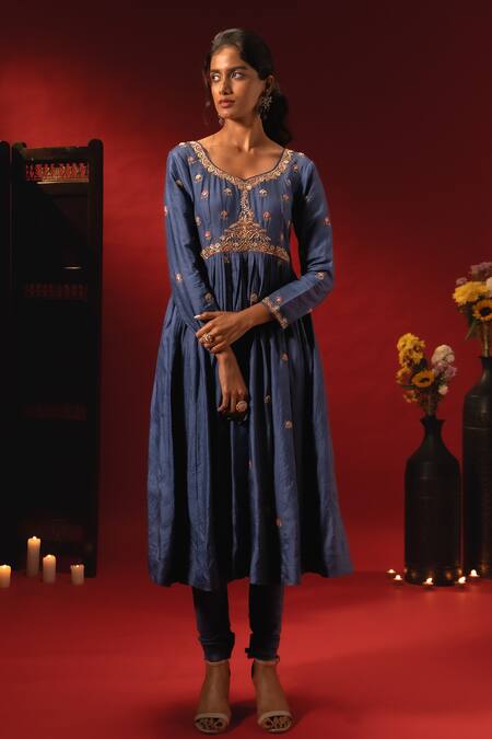 Aavya_Blue Silk, Shantoon, Organza Embroidery, Metallic Thread V-neck Anarkali Set _at_Aza_Fashions