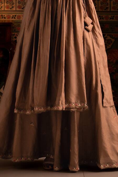 Aavya_Brown Silk, Shantoon, Organza Embroidery, Sequins V-neck Anarkali Sharara Set _Online_at_Aza_Fashions