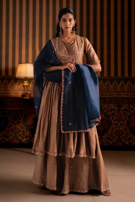 Buy_Aavya_Brown Silk, Shantoon, Organza Embroidery, Sequins V-neck Anarkali Sharara Set _Online_at_Aza_Fashions