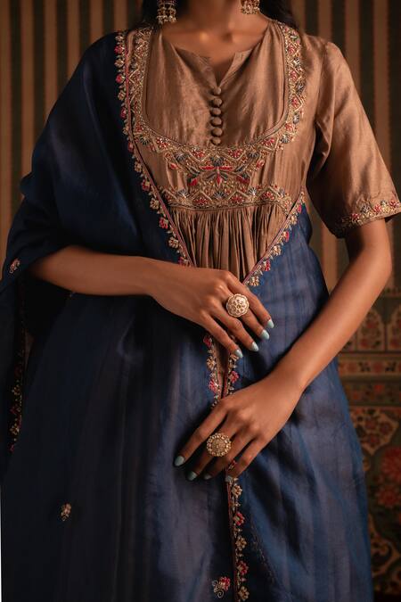 Shop_Aavya_Brown Silk, Shantoon, Organza Embroidery, Sequins V-neck Anarkali Sharara Set _Online_at_Aza_Fashions
