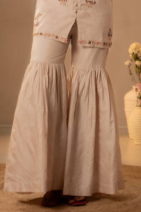 Aavya_Ivory Silk, Organza Embroidery, Beads, Zari Square Neck Short Kurta Gharara Set _Online_at_Aza_Fashions