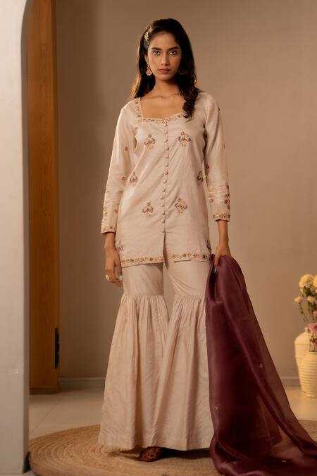 Buy_Aavya_Ivory Silk, Organza Embroidery, Beads, Zari Square Neck Short Kurta Gharara Set _Online_at_Aza_Fashions