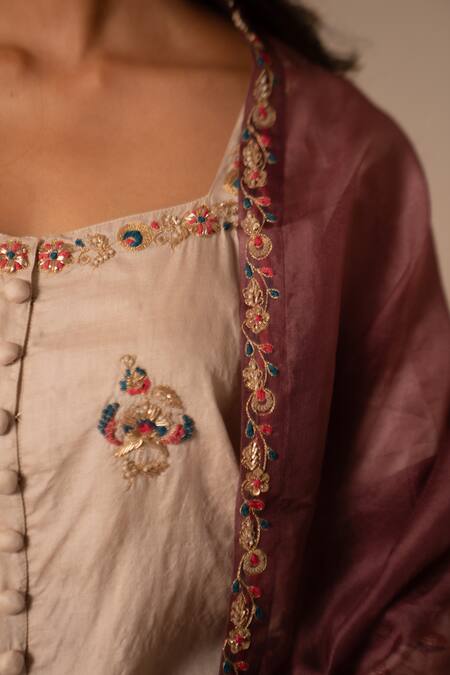 Shop_Aavya_Ivory Silk, Organza Embroidery, Beads, Zari Square Neck Short Kurta Gharara Set _Online_at_Aza_Fashions