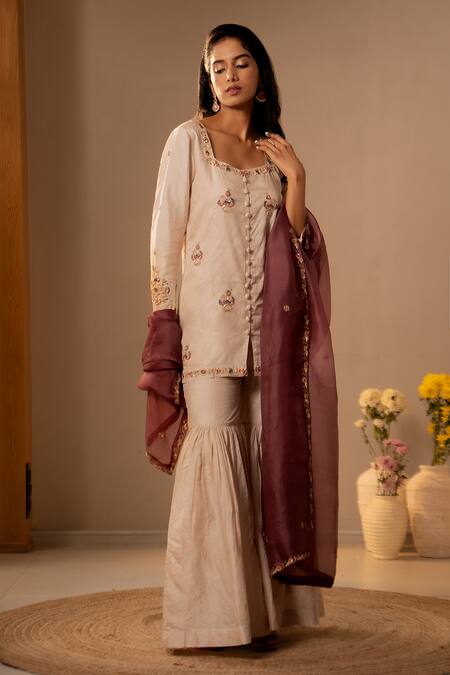 Aavya_Ivory Silk, Organza Embroidery, Beads, Zari Square Neck Short Kurta Gharara Set _at_Aza_Fashions