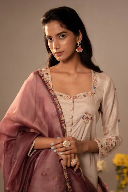 Buy_Aavya_Ivory Silk, Organza Embroidery, Beads, Zari Square Neck Short Kurta Gharara Set 