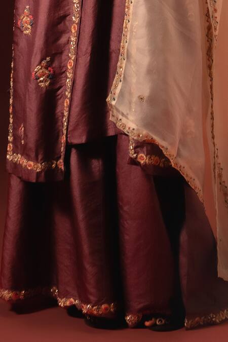 Aavya_Wine Silk, Organza Embroidery, Metallic Thread V-neck Kurta Palazzo Set _Online_at_Aza_Fashions