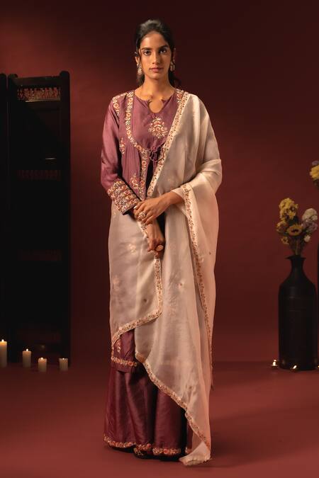 Buy_Aavya_Wine Silk, Organza Embroidery, Metallic Thread V-neck Kurta Palazzo Set _Online_at_Aza_Fashions