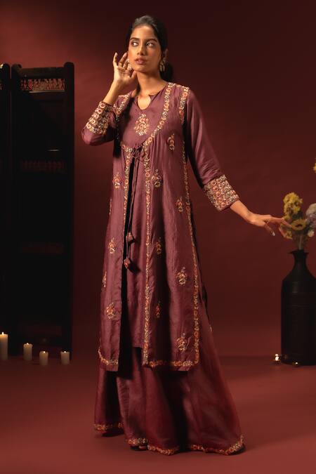 Aavya_Wine Silk, Organza Embroidery, Metallic Thread V-neck Kurta Palazzo Set _at_Aza_Fashions