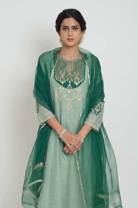 Sinjhar_Emerald Green Chanderi, Silk Organza Embroidery, Sequins, Kurta Pant Dupatta Set _at_Aza_Fashions