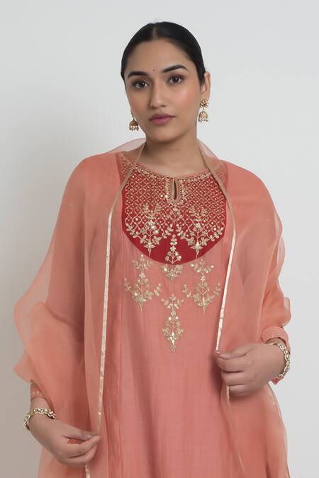 Shop_Sinjhar_Peach Chanderi, Silk Organza Embroidery, Zari, Tassels Kurta, Pant And Dupatta Set _Online_at_Aza_Fashions