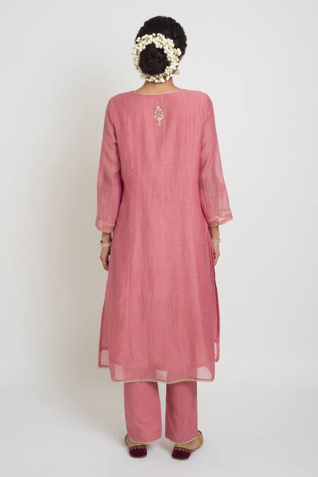Sinjhar_Pink Chanderi, Silk Organza Embroidery, Zari Round Kurta, Pant And Dupatta Set _Online_at_Aza_Fashions