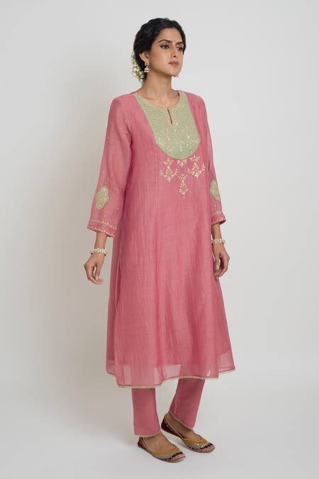 Shop_Sinjhar_Pink Chanderi, Silk Organza Embroidery, Zari Round Kurta, Pant And Dupatta Set _Online_at_Aza_Fashions