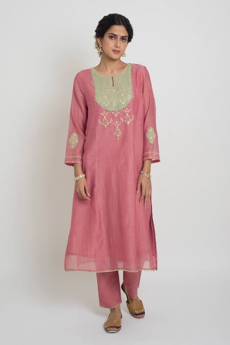 Sinjhar_Pink Chanderi, Silk Organza Embroidery, Zari Round Kurta, Pant And Dupatta Set _at_Aza_Fashions
