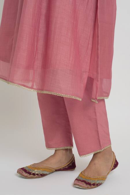Shop_Sinjhar_Pink Chanderi, Silk Organza Embroidery, Zari Round Kurta, Pant And Dupatta Set 