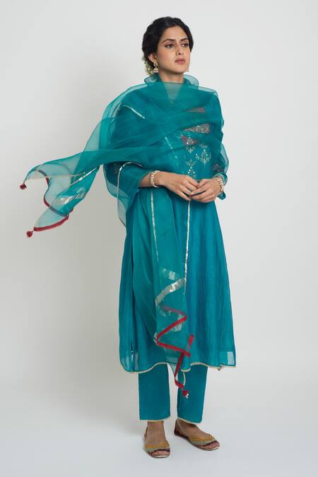Buy_Sinjhar_Blue Chanderi, Silk Organza Embroidery, Zari, Tassels, Kurta, Pant And Dupatta Set _Online_at_Aza_Fashions