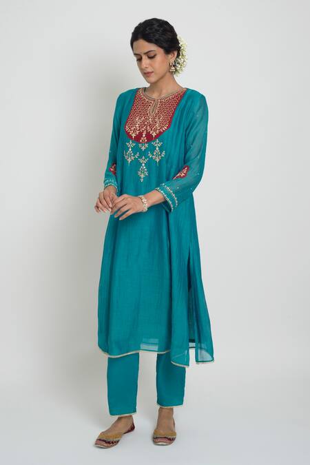 Shop_Sinjhar_Blue Chanderi, Silk Organza Embroidery, Zari, Tassels, Kurta, Pant And Dupatta Set _Online_at_Aza_Fashions