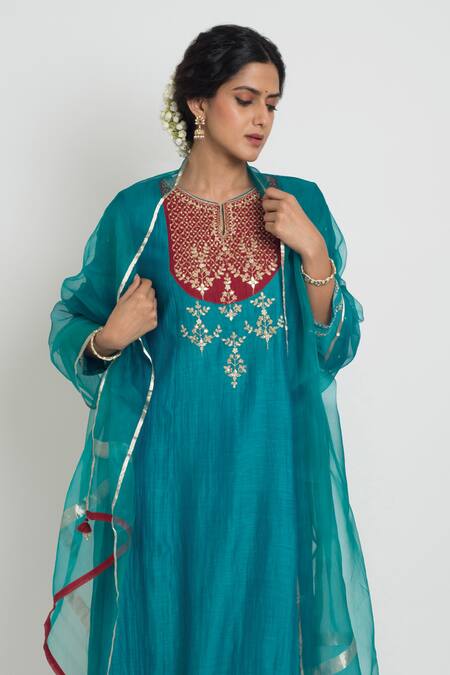 Buy_Sinjhar_Blue Chanderi, Silk Organza Embroidery, Zari, Tassels, Kurta, Pant And Dupatta Set 