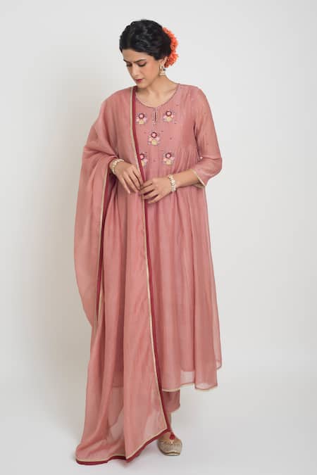 Shop_Sinjhar_Pink Chanderi Embroidery, Beads, Tassels Round Neck Kurta, Pant And Dupatta Set _Online_at_Aza_Fashions