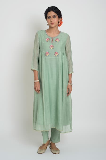 Buy_Sinjhar_Green Chanderi, Cotton, Silk Embroidery, Piping Kurta, Pant And Dupatta Set _Online_at_Aza_Fashions