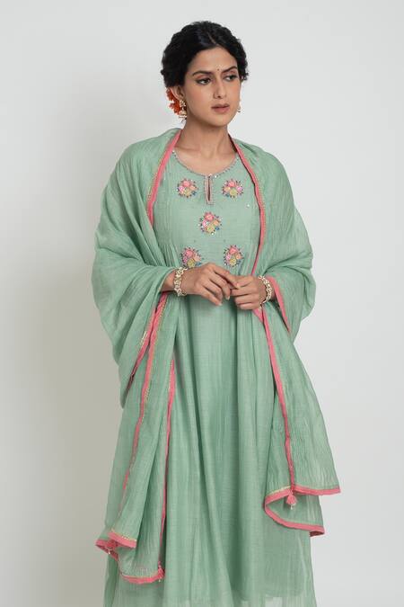 Sinjhar_Green Chanderi, Cotton, Silk Embroidery, Piping Kurta, Pant And Dupatta Set _at_Aza_Fashions