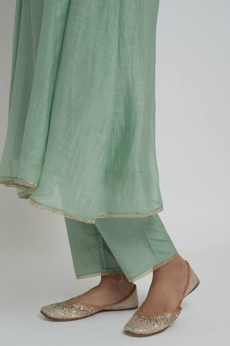 Buy_Sinjhar_Green Chanderi, Cotton, Silk Embroidery, Piping Kurta, Pant And Dupatta Set 