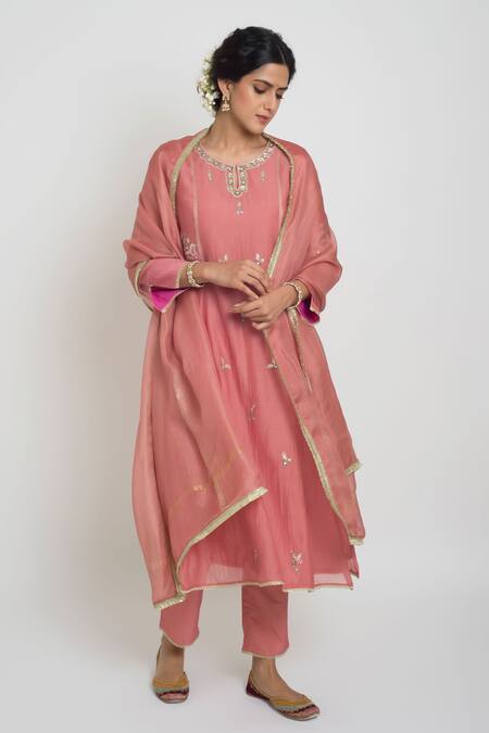 Buy_Sinjhar_Pink Chanderi, Cotton, Silk, Kota Doria Embroidery, Kurta, Pant And Dupatta Set _Online_at_Aza_Fashions