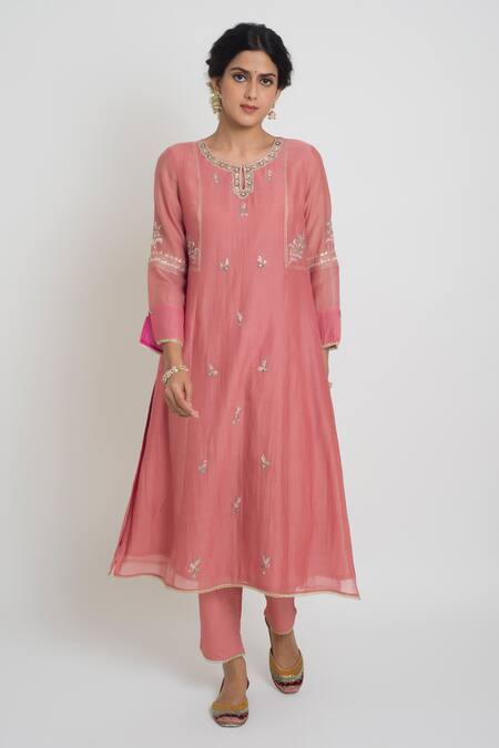 Shop_Sinjhar_Pink Chanderi, Cotton, Silk, Kota Doria Embroidery, Kurta, Pant And Dupatta Set _Online_at_Aza_Fashions
