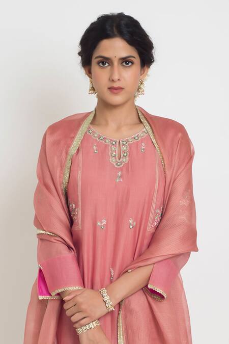 Buy_Sinjhar_Pink Chanderi, Cotton, Silk, Kota Doria Embroidery, Kurta, Pant And Dupatta Set 