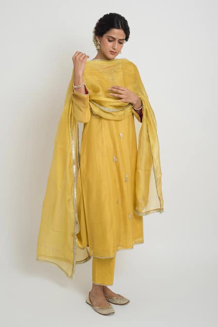 Buy_Sinjhar_Yellow Chanderi, Cotton, Silk Embroidery, Sequins, Kurta, Pant And Dupatta Set _Online_at_Aza_Fashions