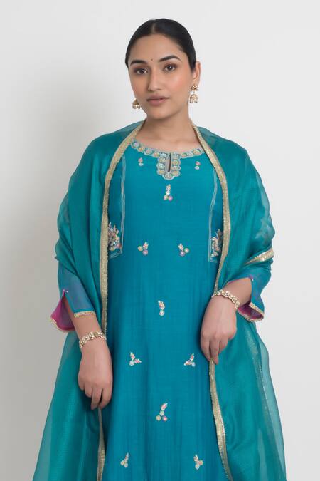 Shop_Sinjhar_Blue Chanderi Embroidery, Piping Round Neck, Split Kurta And Pant Set With Dupatta _Online_at_Aza_Fashions