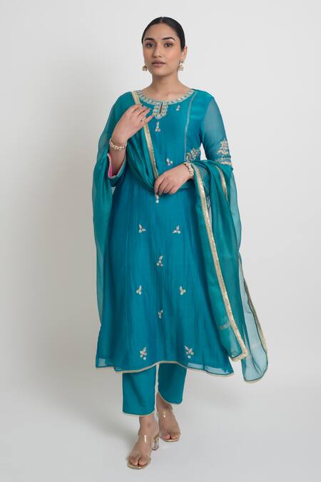 Sinjhar_Blue Chanderi Embroidery, Piping Round Neck, Split Kurta And Pant Set With Dupatta _at_Aza_Fashions