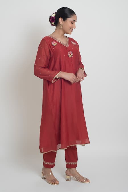 Sinjhar_Red Chanderi, Cotton, Silk Embroidery, Sequins, Kurta, Pant And Dupatta Set _Online_at_Aza_Fashions
