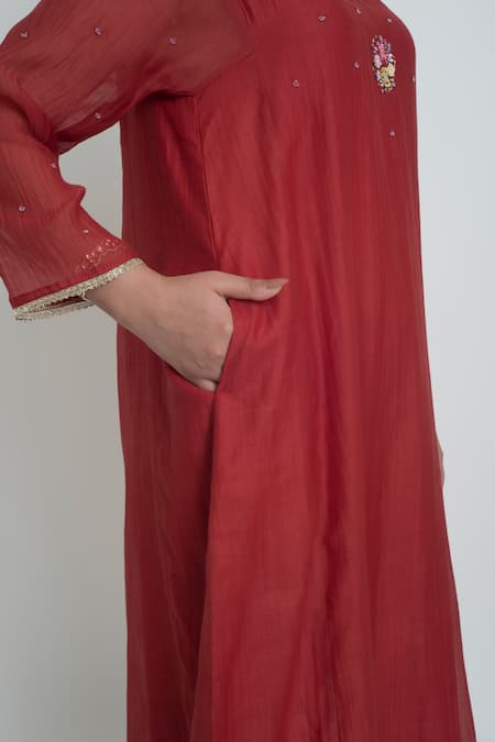 Buy_Sinjhar_Red Chanderi, Cotton, Silk Embroidery, Sequins, Kurta, Pant And Dupatta Set _Online_at_Aza_Fashions