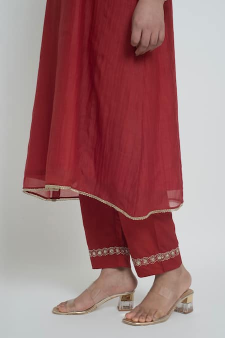 Sinjhar_Red Chanderi, Cotton, Silk Embroidery, Sequins, Kurta, Pant And Dupatta Set _at_Aza_Fashions