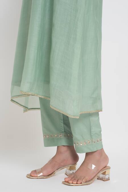 Buy_Sinjhar_Green Chanderi Embroidery, Sequins, Tassels V-neck Kurta, Pant And Dupatta Set _Online_at_Aza_Fashions