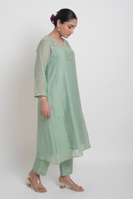 Shop_Sinjhar_Green Chanderi Embroidery, Sequins, Tassels V-neck Kurta, Pant And Dupatta Set _Online_at_Aza_Fashions