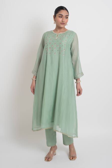 Sinjhar_Green Chanderi Sequins, Embroidery Round Neck, Keyhole Kurta Pant And Dupatta Set _Online_at_Aza_Fashions