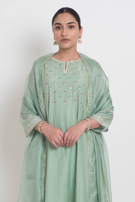 Buy_Sinjhar_Green Chanderi Sequins, Embroidery Round Neck, Keyhole Kurta Pant And Dupatta Set 