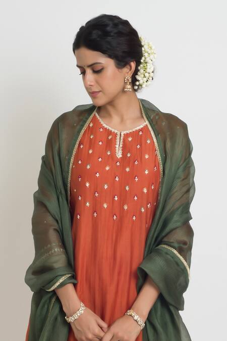 Shop_Sinjhar_Rust Chanderi, Cotton, Silk Embroidery, Zari Round Neck, Kurta Set With Dupatta _Online_at_Aza_Fashions