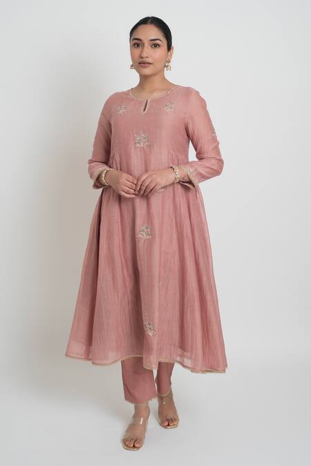 Buy_Sinjhar_Pink Chanderi, Cotton, Silk, Kota Doria Embroidery, Kurta, Pant And Dupatta Set _Online_at_Aza_Fashions