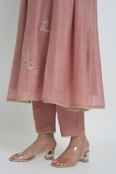 Shop_Sinjhar_Pink Chanderi, Cotton, Silk, Kota Doria Embroidery, Kurta, Pant And Dupatta Set _Online_at_Aza_Fashions