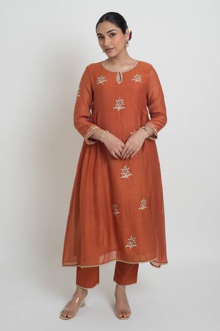 Buy_Sinjhar_Rust Chanderi Embroidery, Zari, Piping Round Neck, Kurta, Pant And Dupatta Set _Online_at_Aza_Fashions