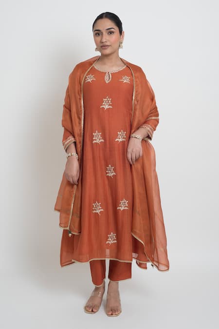 Shop_Sinjhar_Rust Chanderi Embroidery, Zari, Piping Round Neck, Kurta, Pant And Dupatta Set _Online_at_Aza_Fashions