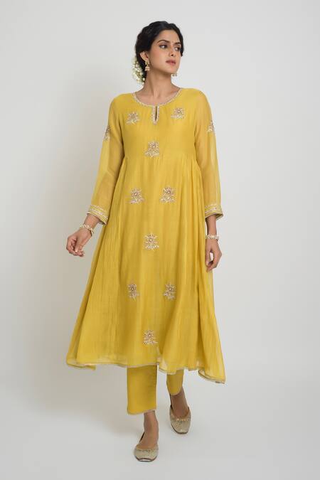 Shop_Sinjhar_Yellow Chanderi, Kota Doria Sequins, Embroidered Kurta, Pant And Silk Dupatta _Online_at_Aza_Fashions