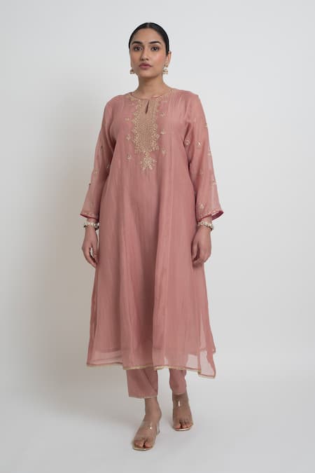 Sinjhar_Pink Chanderi, Cotton, , Organza Sequins, Kurta, Pant And Dupatta Set _Online_at_Aza_Fashions
