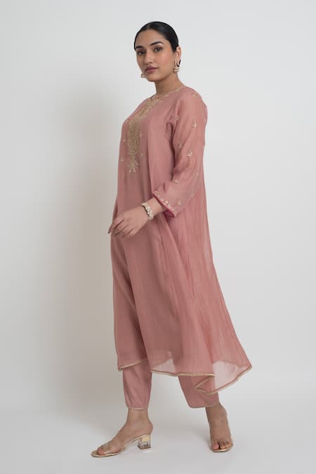 Shop_Sinjhar_Pink Chanderi, Cotton, , Organza Sequins, Kurta, Pant And Dupatta Set _Online_at_Aza_Fashions