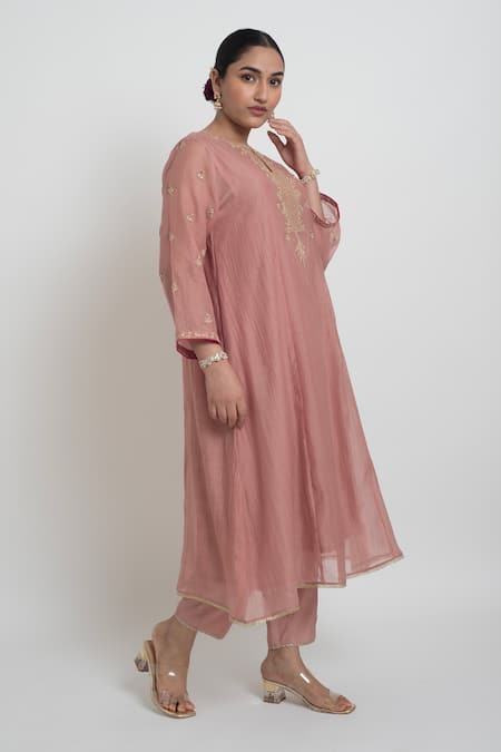 Sinjhar_Pink Chanderi, Cotton, , Organza Sequins, Kurta, Pant And Dupatta Set _at_Aza_Fashions